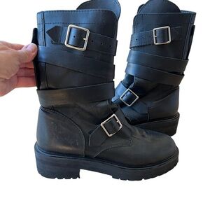 NEIL J RODGERS LEATHER BOOTS MOTO COMBAT BUCKLE STRAP LUG SOLE MID CALF 41-11